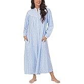 Lanz of Salzburg Sleepwear for Women Classic Long Sleeve Open Neck Soft Flannel Pajama Nightgown