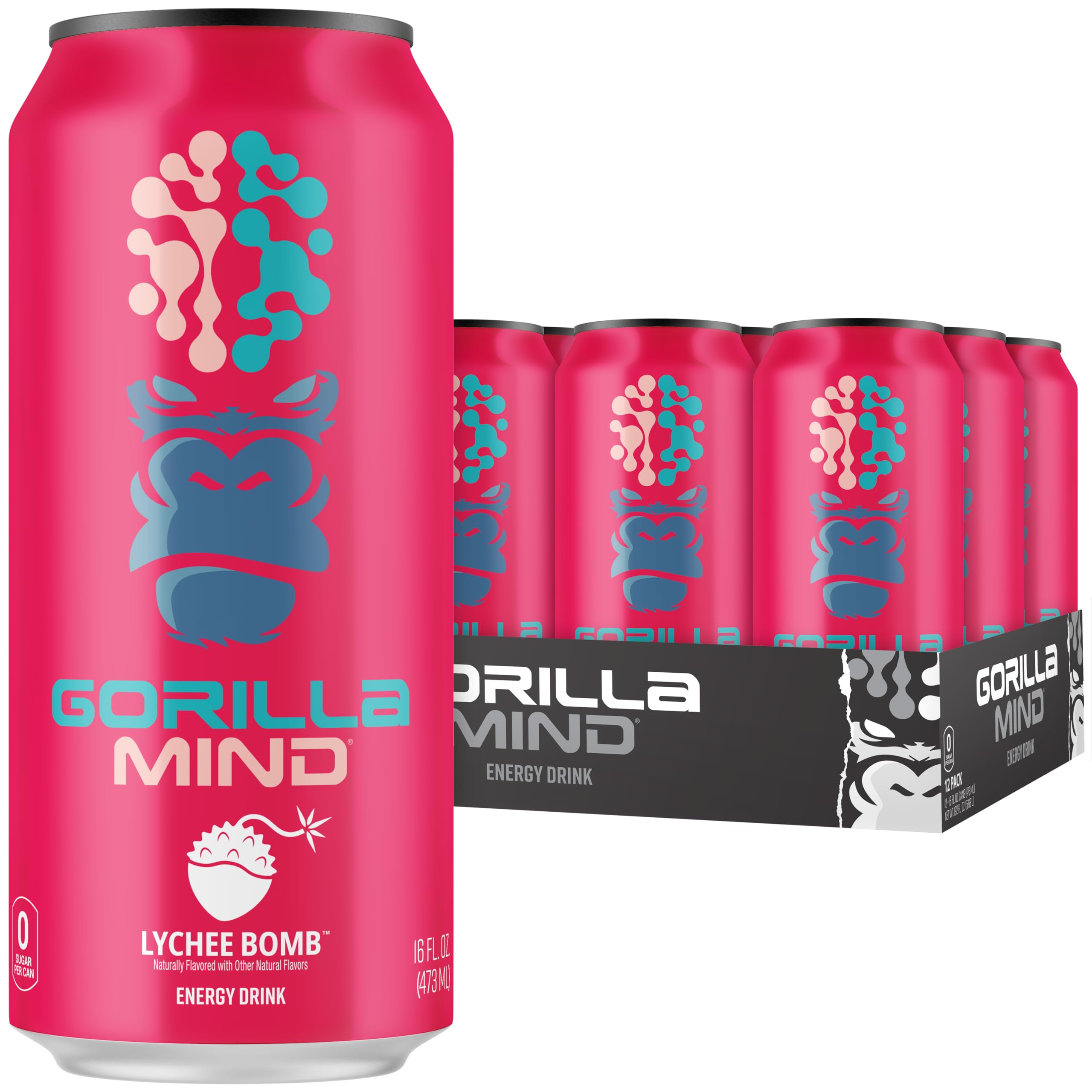 Photo 1 of 
Gorilla Mind Energy Drink | Unmatched Energy · Amplified Focus | N-Acetyl-L-Tyrosine, Alpha-GPC, 200mg Caffeine, Uridine, Saffron | 0 Sugar Or Artificial Colors | 16oz, 12-Pack (Lychee Bomb)