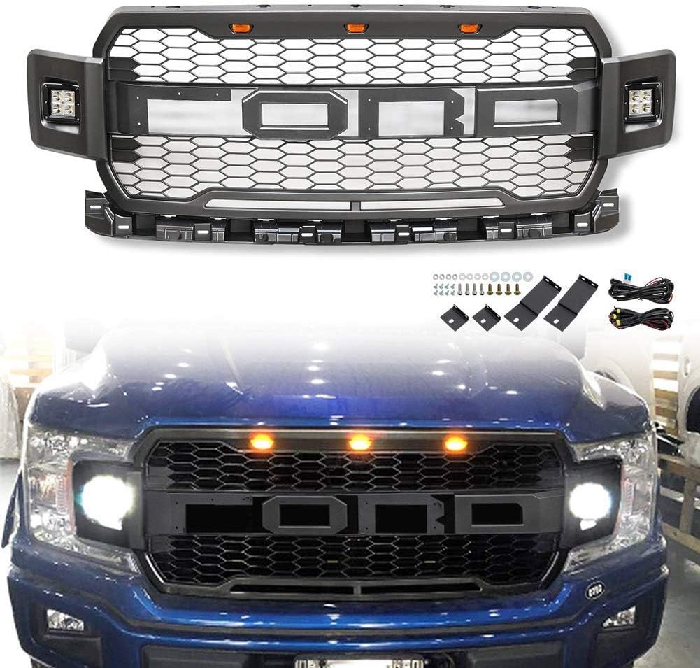 Front Grille, Grill for 2018 2019 2020 F-ord F150- Raptor Mesh Style Full Front Grill with LED lights【GRAY】