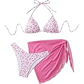 SHENHE Women's 3 Piece Floral Bikini Set with Wrap Coverup Halter Triangle Swimsuits