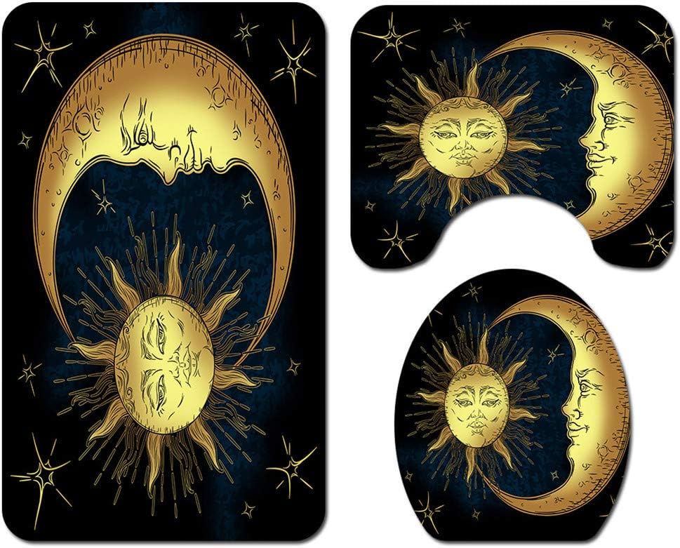 Amazon Com Honestyivan Bathroom Essential Set Sun Moon Star Print Non Slip Bath Mat Shower Carpet Toilet Lid Cover Shower Curtain Set Home Decor 4pcs Home Kitchen