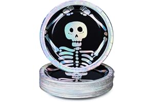 Confettiville Halloween Paper Plates, 50-Count Disposable Halloween Dinner Plates, Party Supplies, Skeleton, Iridescent Silver Foil