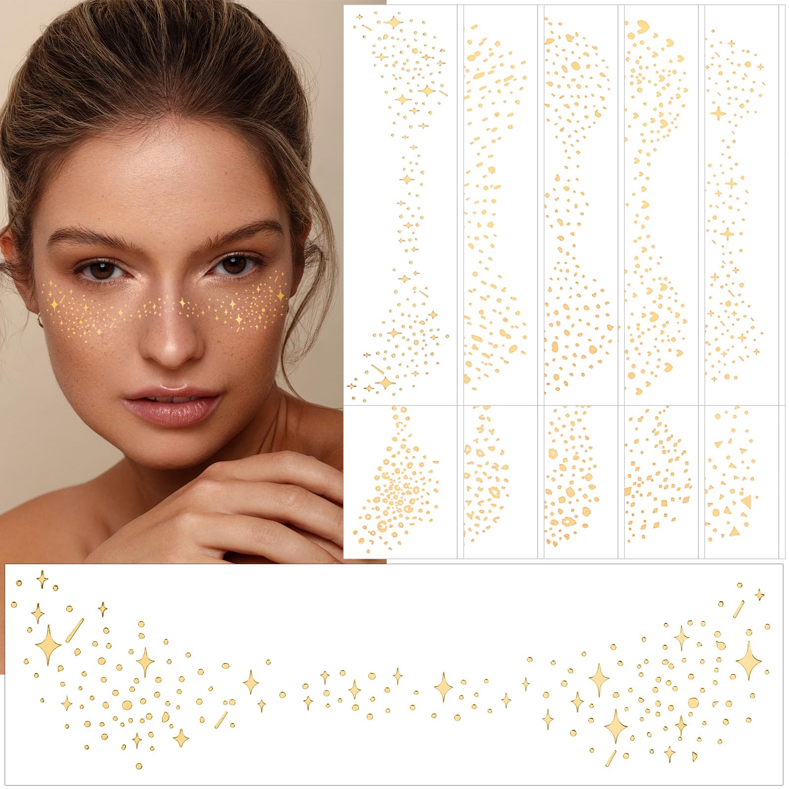 JUNEBRUSHS Glitter Freckles Face Tattoo, 20 Sheets Gold Glow Up Face Makeup Speckles Water-Repellent Freckles Metallic Tattoo Stickers Cute Glitter Makeup for Women Girls Party Halloween