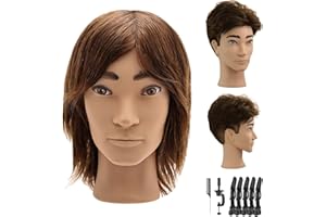 Yekavo Male Mannequin Head, Barber Mannequin Head Male with 100% Human Hair, Professional Training Head with Real Hair for Practicing Hair Cutting & Styling, Brown