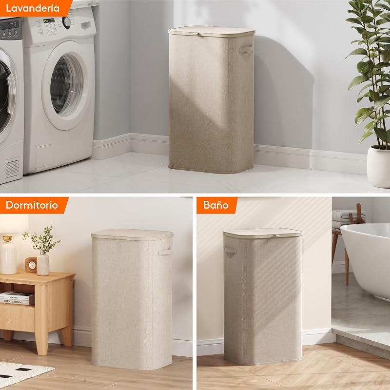 Cesto da roupa suja, cesto dobrável com saco e pega removíveis, balde de roupa com tampa, cesto de roupa para quarto, casa de banho, lavandaria, quarto, 105 L, bege