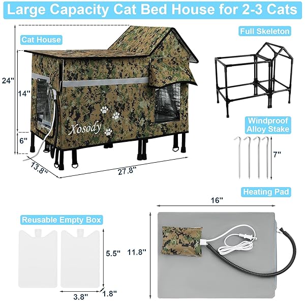 XOSODY HEATED CAT HOUSE FOR OUTSIDE CATS- 100% WEATHERPROOF INSULATED OUTDOOR CAT HOUSE WITH HEATING PAD, ELEVATED BASE & SAFE ESCAPE DOOR, WARM KITTY SHELTER FOR FERAL OR STRAY CATS IN WINTER