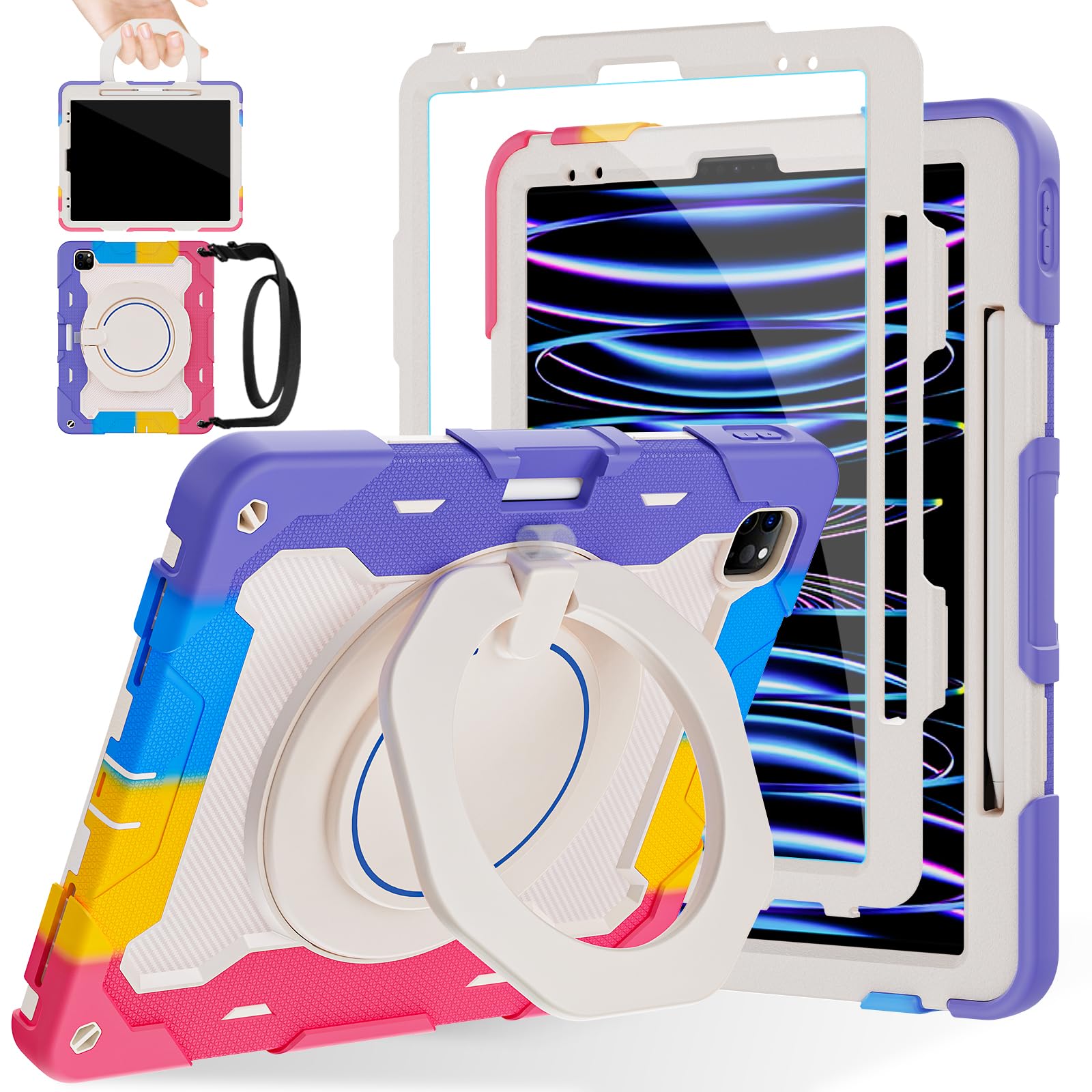 ROISKIN For iPad Pro 12.9 Case (2022/2021/2020/2018,6th/5th/4th/3rd Generation) with Screen Protector,Military Protective with Rotating Stand/Shoulder Strap/Pencil Holder For iPad 12.9 inch Case,Pink