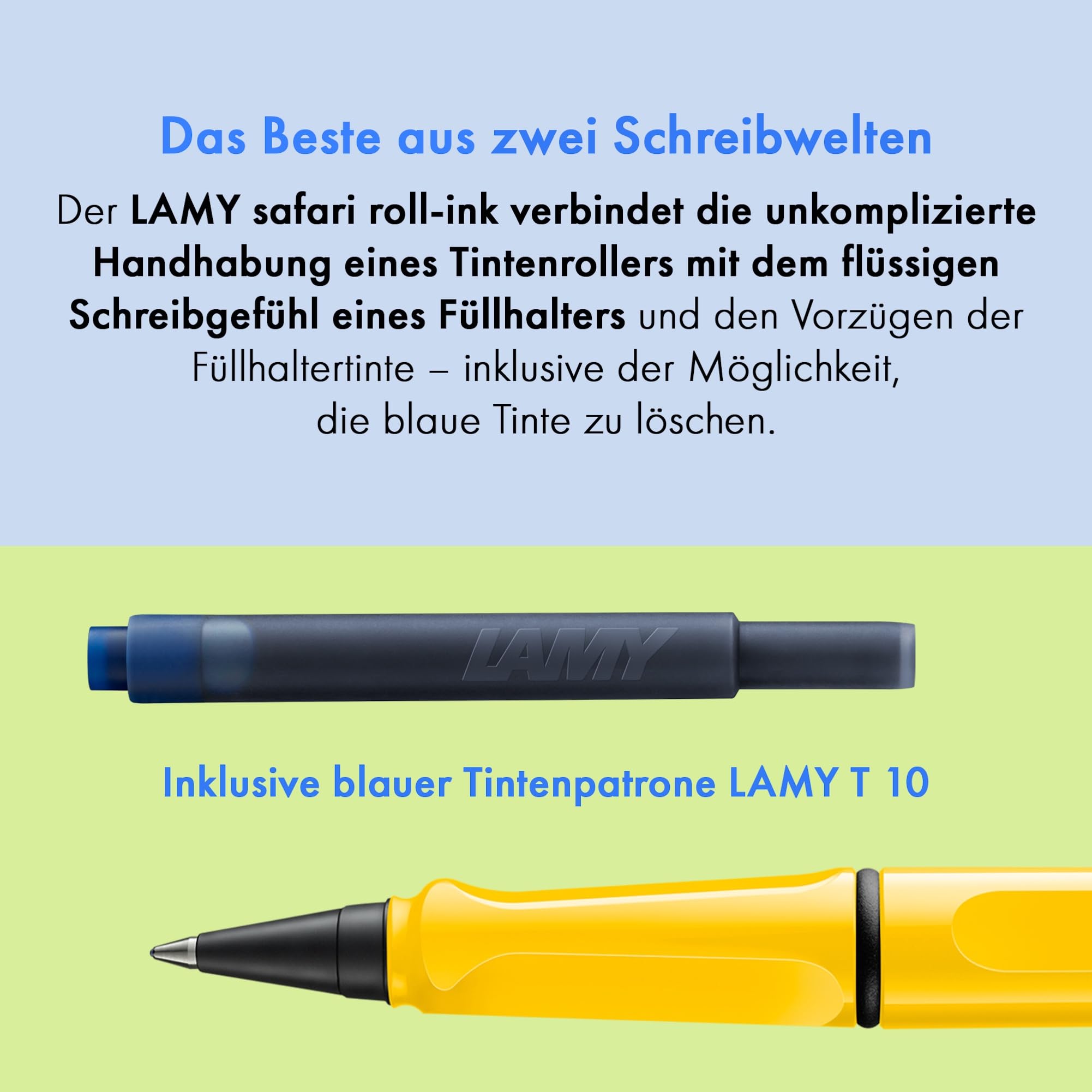 Lamy safari roll-ink yellow Tintenpatronenroller – zeitlos klassischer Stift mit ergonomischem Griff & Strichbreite M - Gehäuse aus robustem ASA-Kunststoff – inkl. Tintenpatrone T10 blau 4