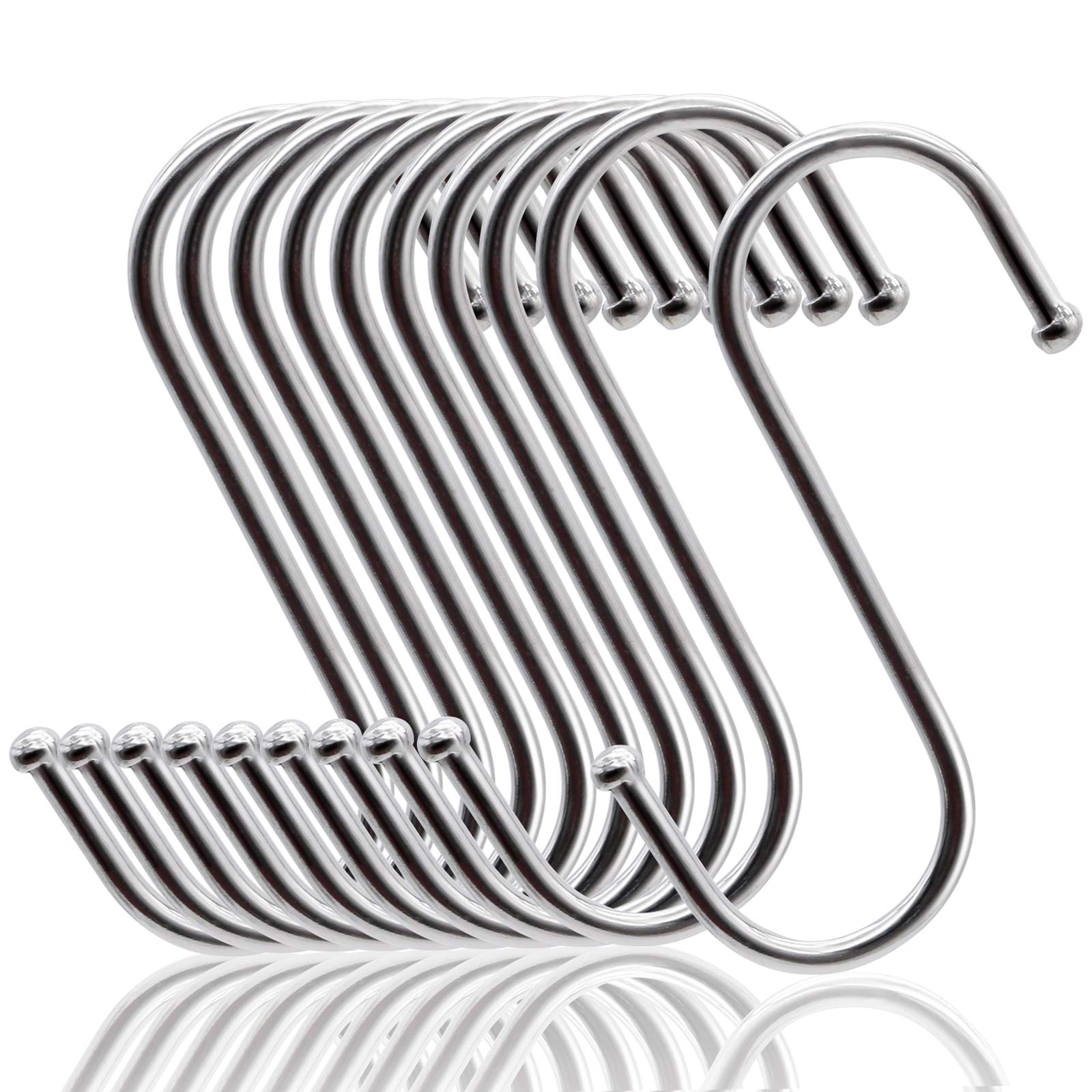 MgcTolBox 20PCS S-Shaped Hooks, Premium Stainless Steel Metal Hanging Hooks Multi Function, Heavy-Duty Hangers for Kitchen Office Bathroom Bedroom (Silver, Medium)