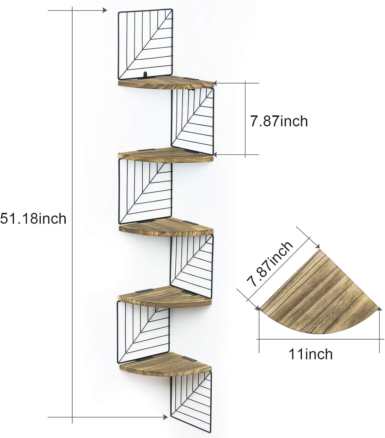 Love-KANKEI Corner Shelf Wall Mount of 5 Tier Rustic Wood Floating Shelves Wall Shelves for Bedroom Living Room Bathroom Kitchen Office and More Carbonized Black: Home & Kitchen