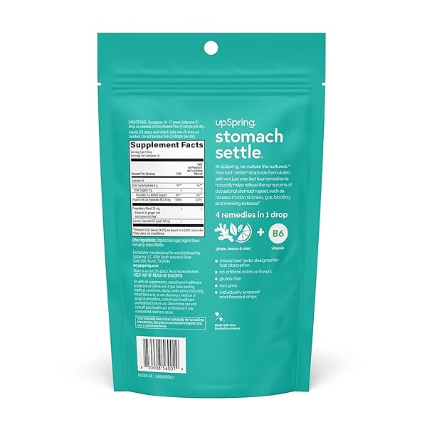 UPSPRING STOMACH SETTLE DROPS FOR OCCASIONAL NAUSEA RELIEF/UPSET STOMACH WITH GINGER, LEMON, SPEARMINT, AND B6. MINT FLAVOR DROPS, 28 CT(PACKAGING MAY VARY)