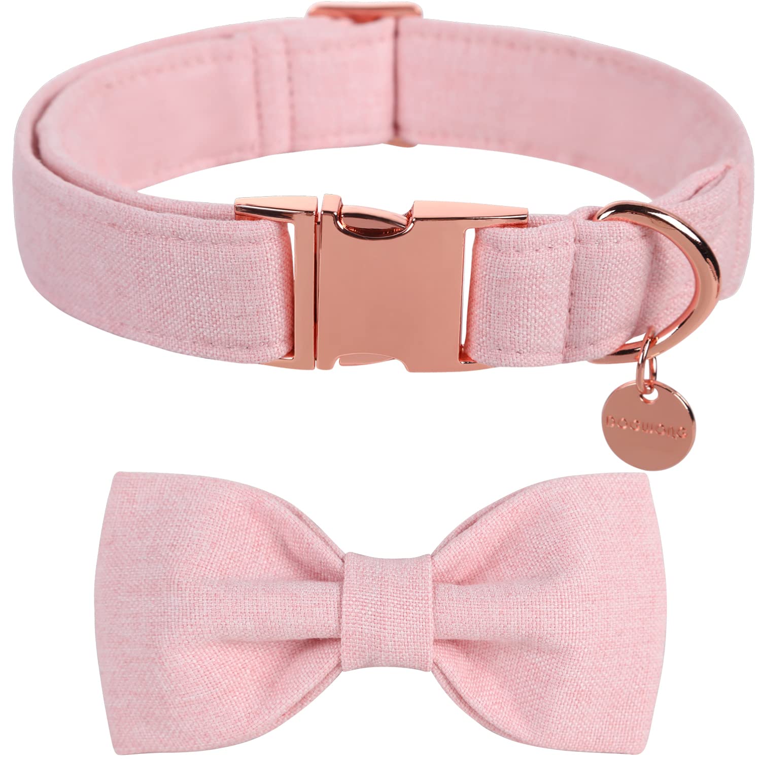 DOGWONG Cotton Dog Collar with Bow tie, Baby Pink Pet Collar Durable Adjustable Light Pink Puppy Dog Collar for Large Dogs