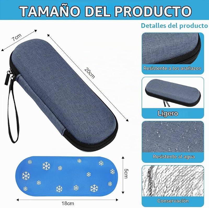 Estuche Insulina Bolsa, Nevera Insulina de Viaje con 2 Bolsas de Hielo Refrigerado TSA, Portátil Estuche Medicamentos para Diabetes con Mosquetón para Viajes Largos y Diarios (Azul) — foto 2 de 8