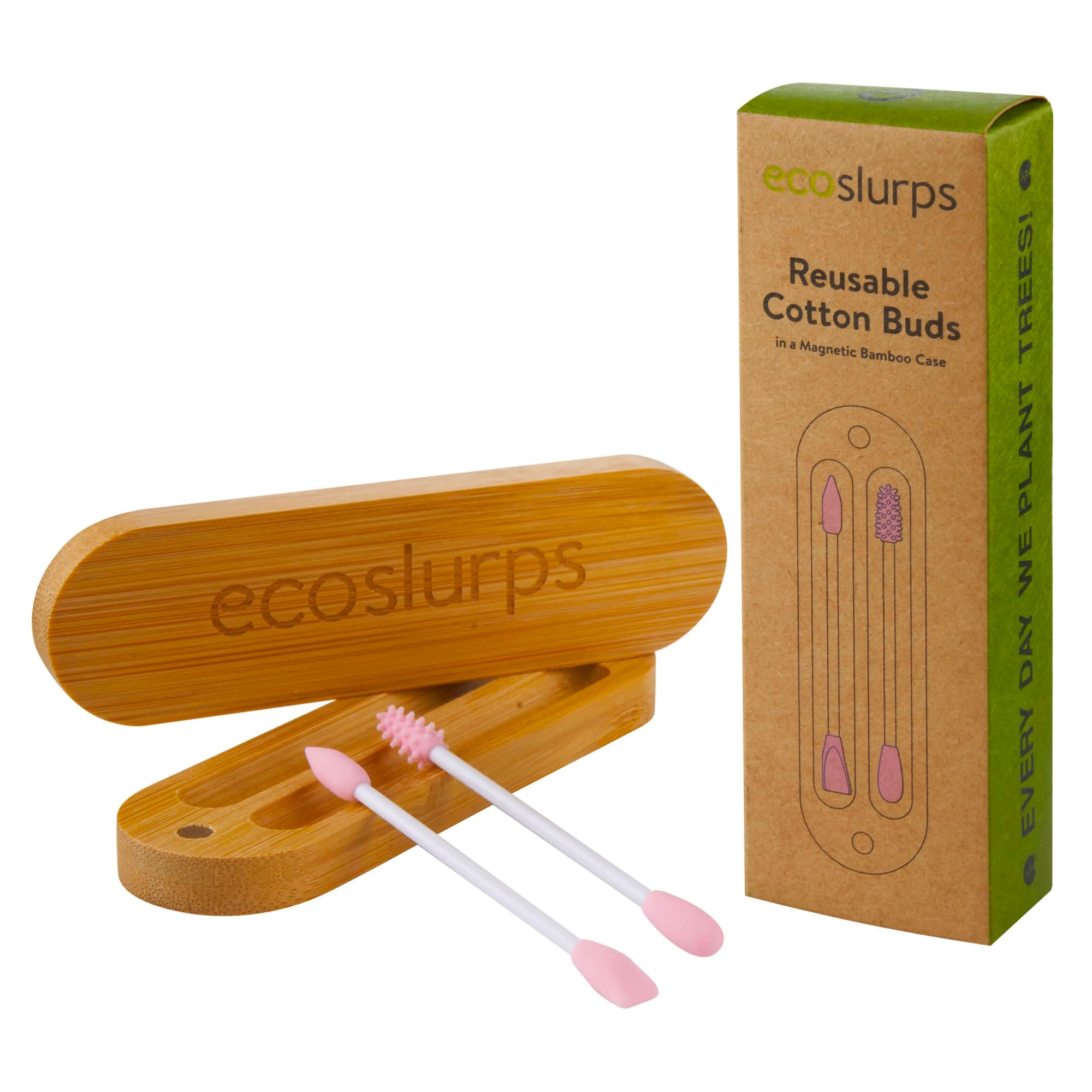 EcoSlurps Reusable Cotton Buds In Magnetic Bamboo Case | 4 Eco-Friendly Silicone Swabs | Qtips for Makeup & Cleaning Ears | Eco friendly Gifts | British Brand (2, Pink)