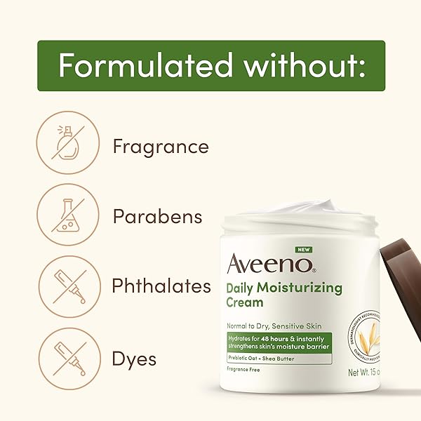 AVEENO DAILY MOISTURIZING CREAM WITH PREBIOTIC OAT & SHEA BUTTER FOR BODY, FACE & HANDS MOISTURIZER CREAM, HYDRATES NORMAL TO DRY, SENSITIVE SKIN, FRAGRANCE FREE, NON-COMEDOGENIC, 20 OZ