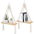 Macrame Wall Hanging Shelf Set of 2,Boho Wooden Display Floating Shelves for Wall Decor with Handmade Woven Rope,Farmhouse Rustic Plant Shelf for Bedroom Dorm Nursery Living Room Bathroom