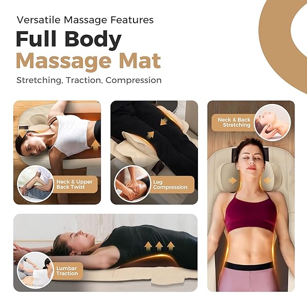 FUPTOS FULL BODY MASSAGE MAT WITH AIRBAG STRETCHING, BACK HEATING, NECK & SHOULDER RELIEF, LUMBAR TRACTION, HIPS & IT BAND MASSAGE, 6 MODES 5 INTENSITIES 2 HEAT LEVELS, FOLDABLE, FIT 5’1-6’2