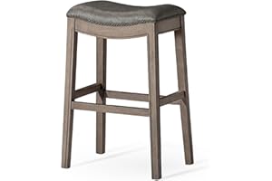 Maven Lane Adrien Backless Bar Stool – 31 Inch Saddle Seat with Footrest – Grey Solid Wood Frame & Grey Faux Leather Upholstery – Ideal for Bars, Pub Tables & Tall Kitchen Counters