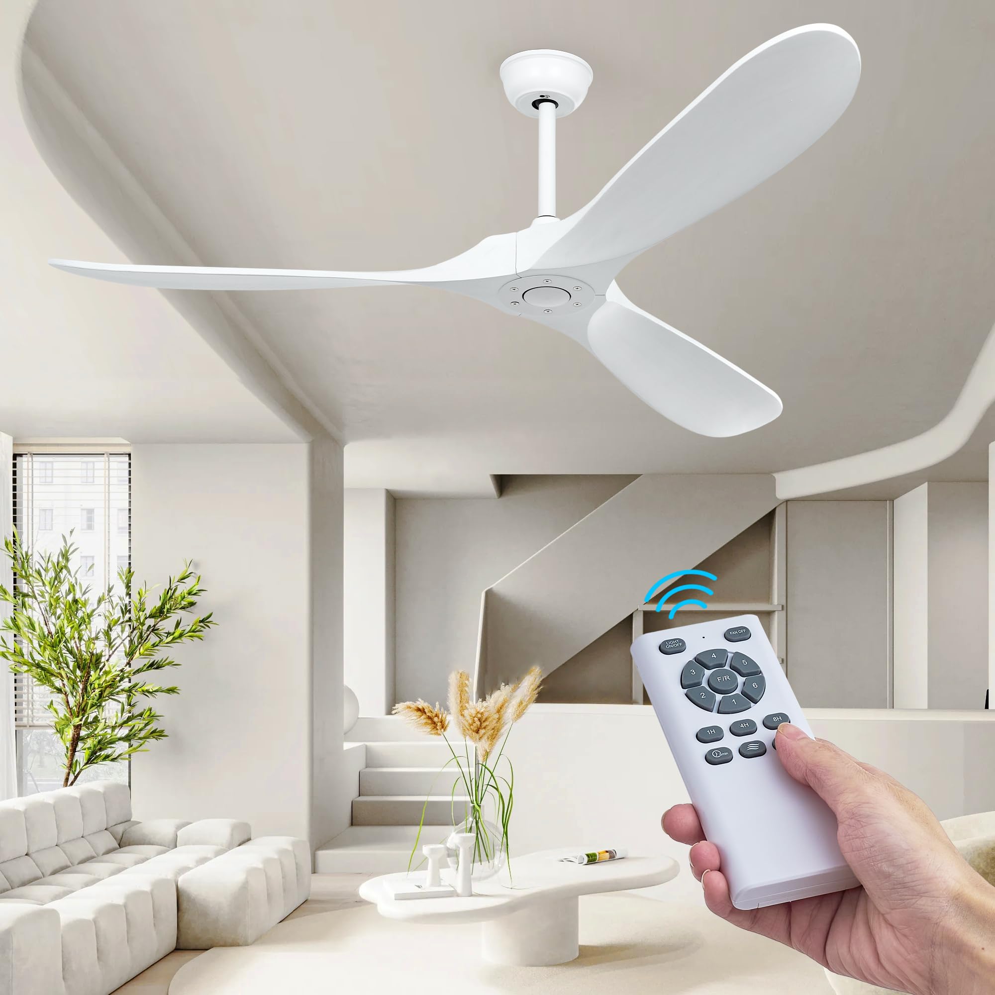 Photo 1 of HUMHOLD 60" Ceiling Fan with Remote Control, 3 Wood Fan Blades White Ceiling Fan, Modern Reversible 6 Speed DC Motor Ceiling Fans for Patio, Living Room, Bedroom, Office