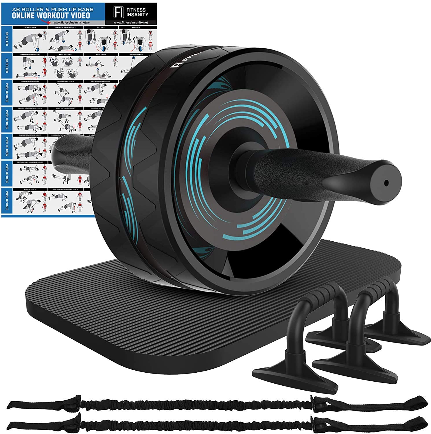 Fitness Insanity Ab Roller Wheel, 6-in-1 Ab Roller Kit with Knee Mat, Push-Up Bars, Resistance Bands