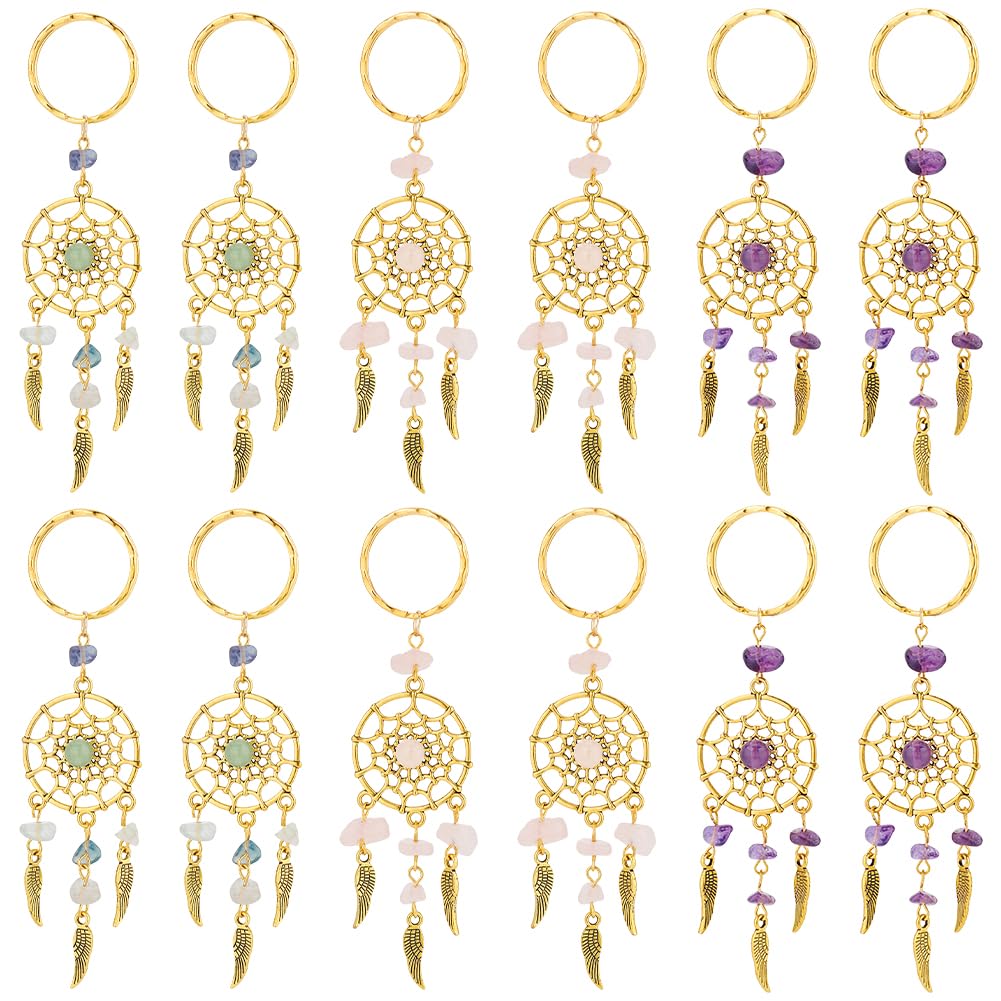 PH PandaHall 12PCS Dreamcatcher Charms, 3 Colors Feather Filigree Charms Gemstone Chips Embellished Alloy Keychain Pendants for Keyring Necklace Jewellery Making Hanging Decorations