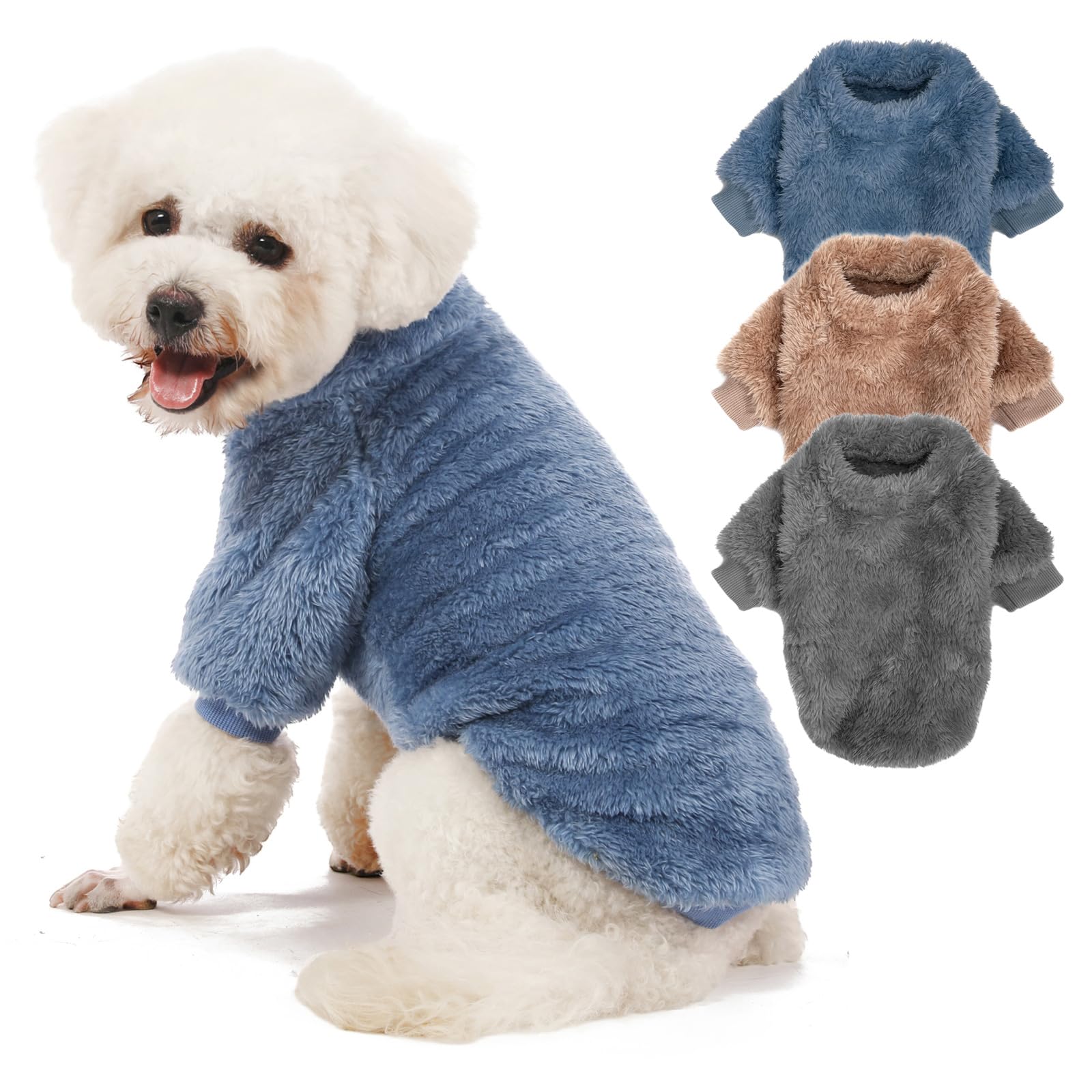 Photo 1 of **RUNS SMALL** Kyaringtso Dog Sweater, 3 Pack Dog Sweaters for Small Dogs, Dog Clothes for Small Dogs Girl Boy, Ultra Soft and Warm Puppy Sweater Dog Coat for Winter Christmas (S, Blue+Lt Coffee+Dark Grey)