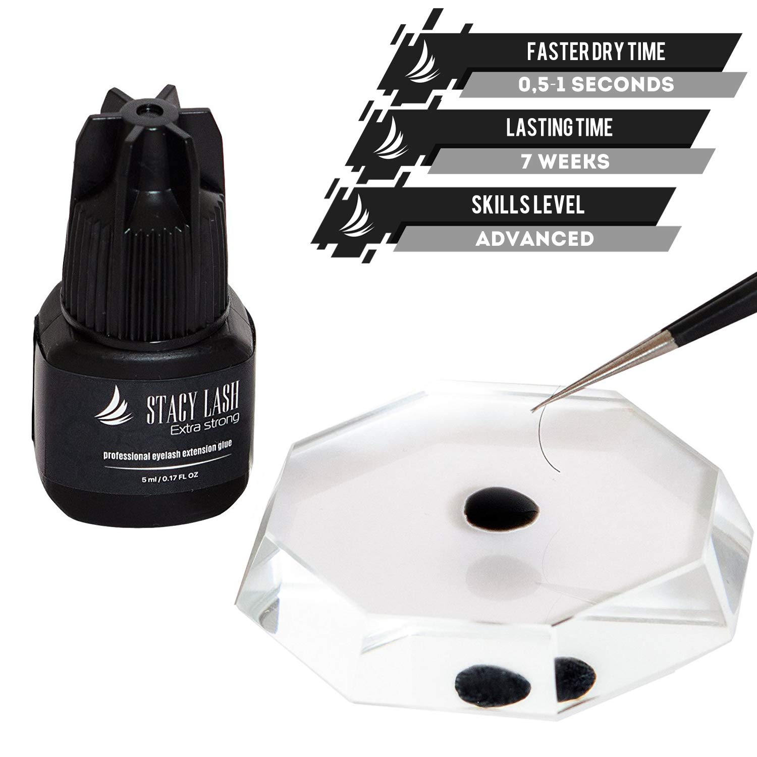 Extra Strong Eyelash Extension Glue - Stacy Lash 5 ml / 1 Sec Drying time/Retention – 7 Weeks/Maximum Bonding Power/Professional Use Only Black Adhesive/for Semi-Permanent Extensions Supplies : Beauty