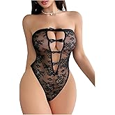 OYOANGLE Women's Lace Sheer Lingerie Bodysuit Cut Out Strapless Teddy Babydoll Bodysuits