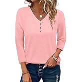 PGANDS Women's 3/4 Sleeve V Neck T Shirts Casual Lightweight Button Tops