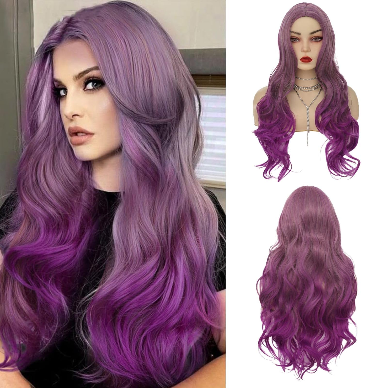 Salaibs Ombre Purple Curly Wavy Long Wigs for Women Middle Part Colorful Hair Wig Natural Looking Synthetic Fiber Wig for Cosplay Halloween Use — image 1