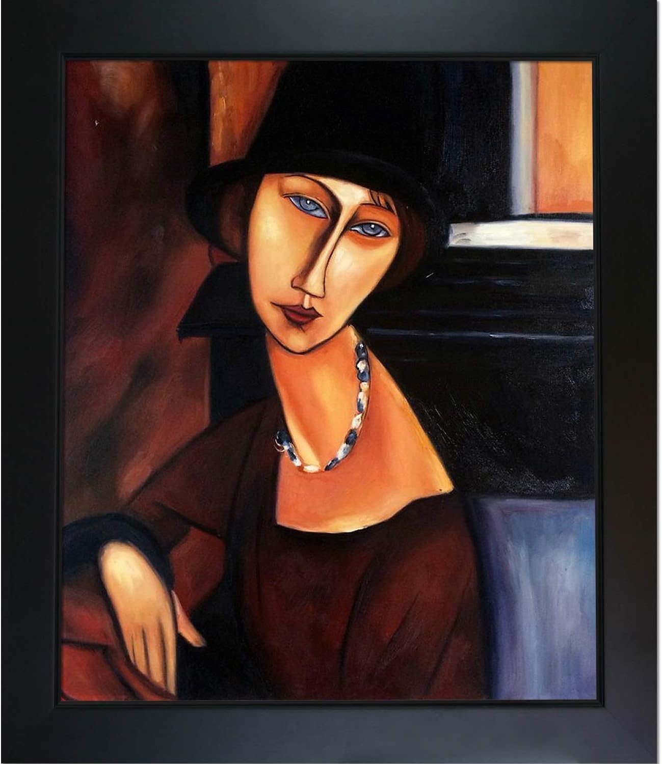 Paintings - overstockArt Jeanne Hebuterne with Hat and Necklace Framed Oil Reproduction of an Original Painting by Amedeo Modigliani, New Age Wood Frame, Black Finish