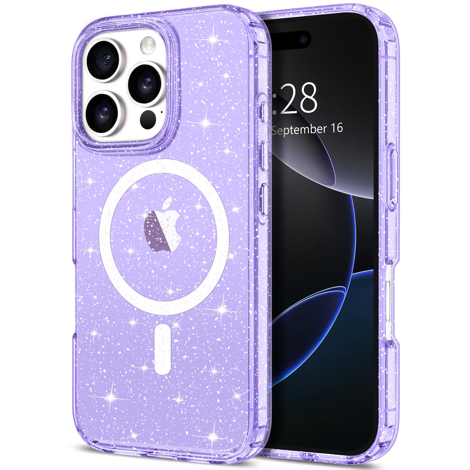 Hython for iPhone 16 Pro Case Glitter, Clear Glitter Sparkly Shiny Bling Sparkle Cute Cover, Anti-Scratch Soft TPU Thin Slim Fit Shockproof Protective Phone Cases for Women Girls, Magnetic Purple