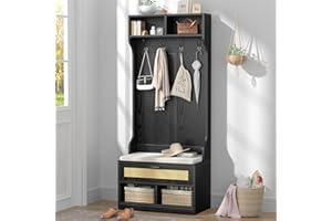 Anmytek Hall Tree with Bench and Shoe Storage, Farmhouse Entryway Bench with Coat Rack, 6 Compartments & 4 Hooks & Rattan Door, Shoe Storage Bench with Soft Cushion for Hallway, Living Room, Black