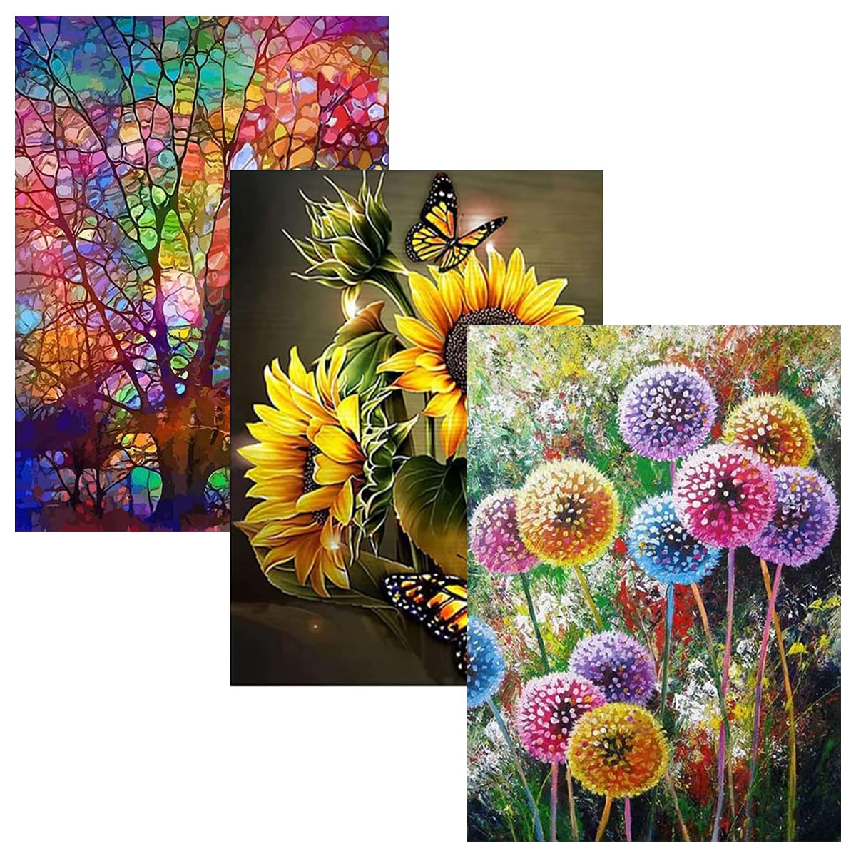 AIFUDA 3 Set Diamond Art Painting Kits for Adults, Tree of Life, Sunflower and Dandelions Painting 5D Diamond Art Kits for Home Wall Decor Gifts(12"x16")