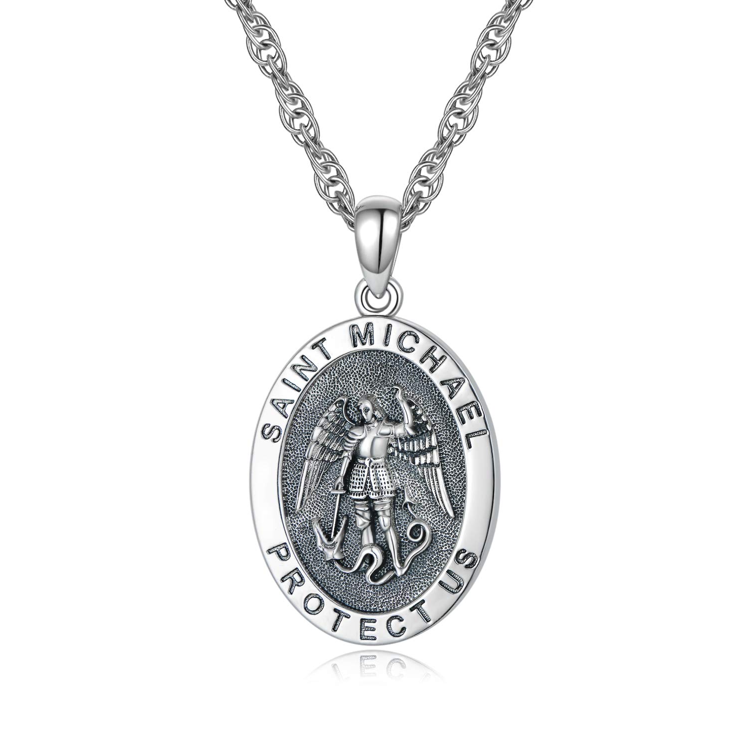 KINGWHYTE St Michael Necklace for Men Women 925 Sterling Silver St Michael Pendant Amulet Michael Archangel Michael Pendant Oval Medal Stainless Steel Chain Jewellery Gifts
