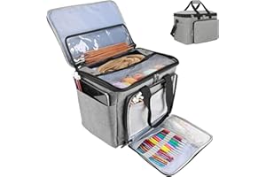 FINECE Knitting Bag, Crochet Organizer Bag with Cover and Inner Dividers, High Capacity Yarn Tote Organizer for Knitting Accessories, Needles, Yarn Skeins, Hooks, Unfinished Project (Grey)
