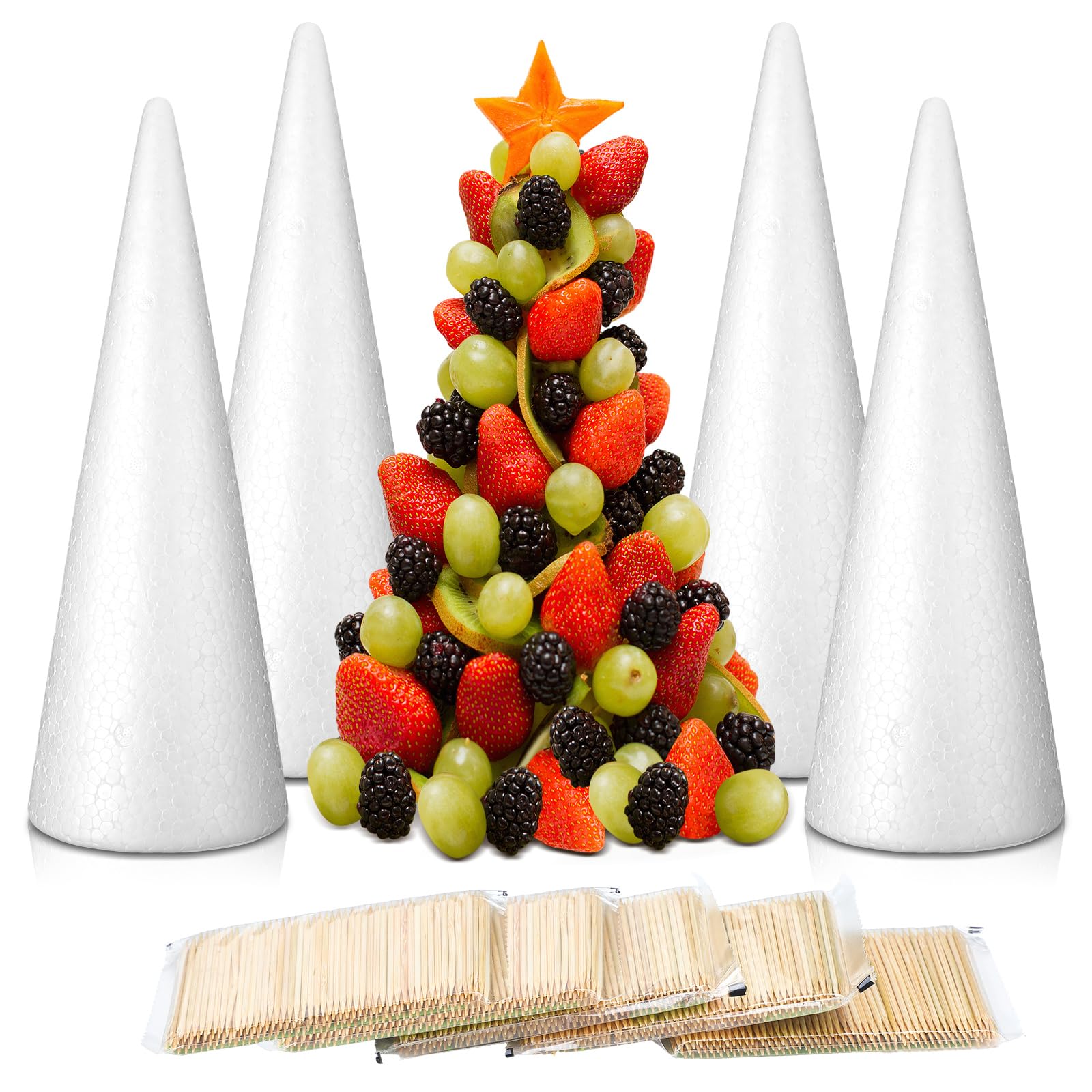 Photo 1 of 904 Pcs Christmas Large Foam Cones for Crafts Charcuterie Christmas Tree Sets with 4 Foam Xmas Tree Cones 900 Bamboo Toothpicks for Vegetables Fruit Snacks Holiday Party Dining Decoration