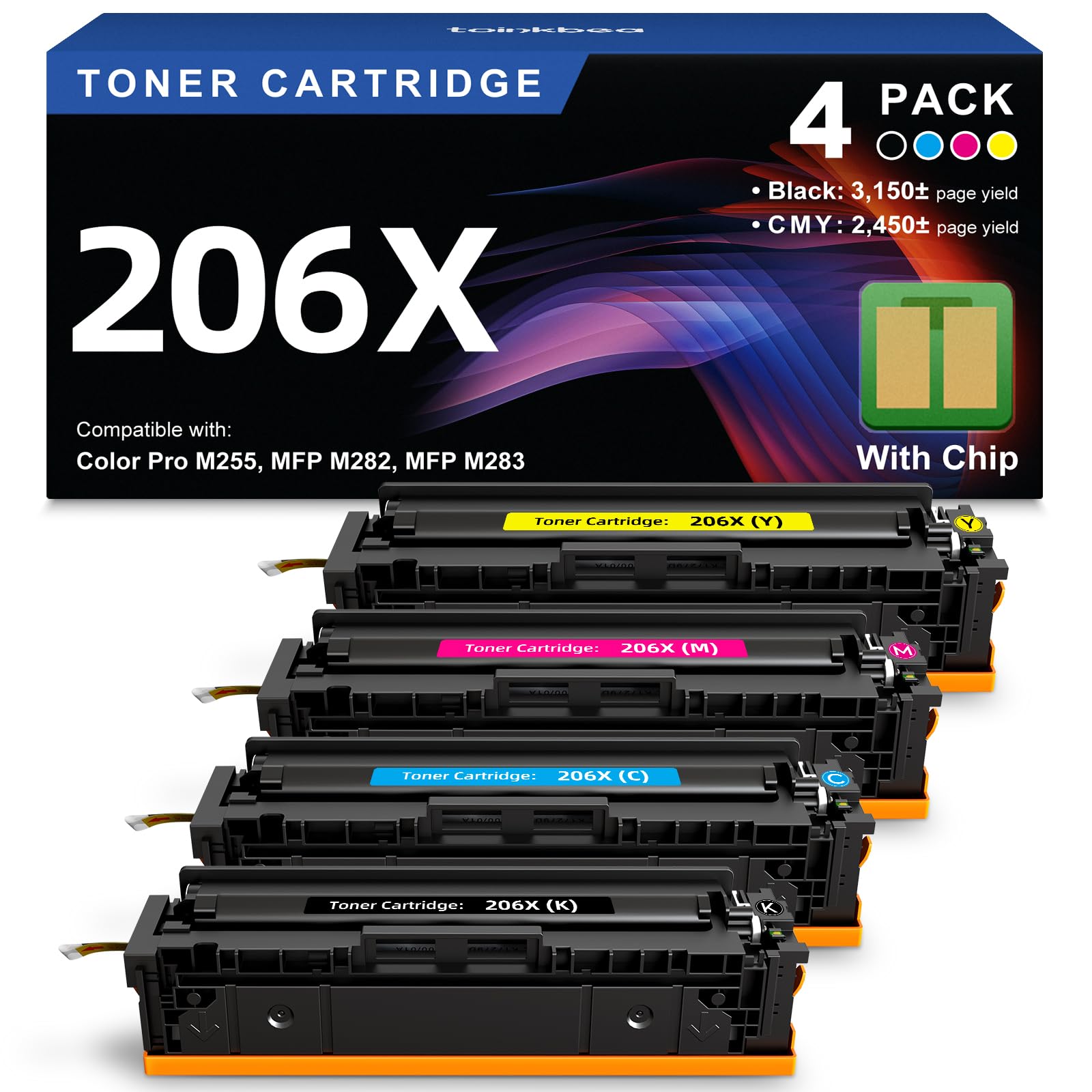 Photo 1 of 206X Toner Cartridges 4 Pack High Yield with Chip Replacement for 206X 206A HP Toner Cartridges Set for Color Laserjet Pro MFP M283fdw M283cdw M283fdn Pro M255dw M255nw M283 M255 Printer | W2110X