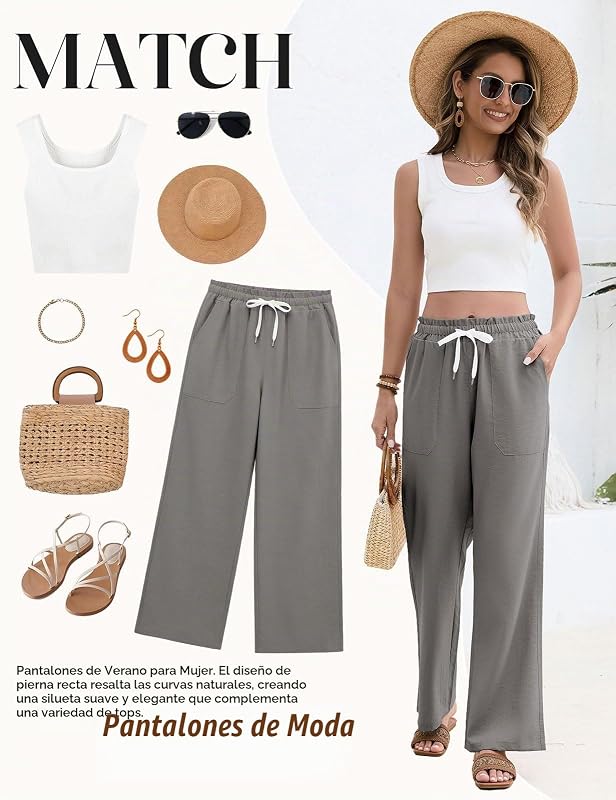 Calças de verão femininas Calças largas e confortáveis leves Cintura elástica Cintura fluida Casual Palazzo Calças elegantes com bolsos e ajuste de cordão. (Cinzento, L)