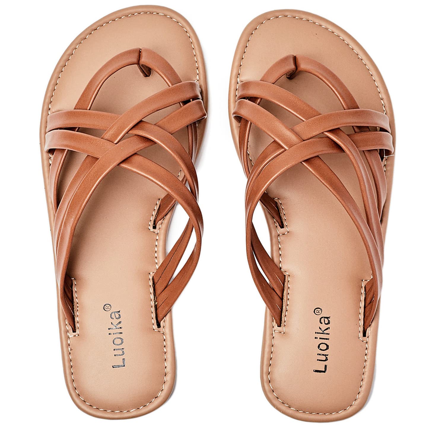 Photo 1 of Luoika Women's Wide Width Flat Sandals, Flip Flop Slides Sandal Casual Strapy Sandal Slip on Summer Beach Shoes for Women.190102,Tan,12.5XW