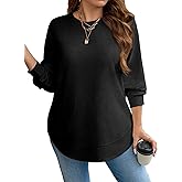 Eytino Womens Plus Size Tops Crewneck Long Sleeve Double Hem Waffle Knit Shirts Loose Casual Tunic Tops(1X-5X)