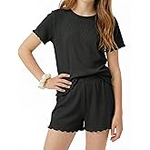 Arshiner Girls Shorts Set 2‑Piece Ribbed Knit Summer Outfit Short Sleeve Top & Elastic Waist Shorts Casual Playwear