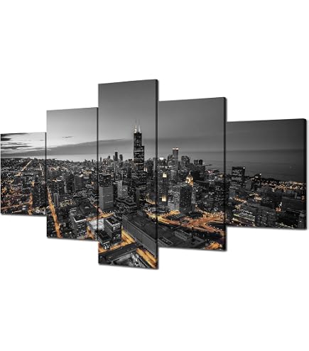 Stampa Su Tela Chicago Downtown At Night – LevvArts, Quadro Paesaggio Urbano Rosso, 61x121 Cm, Pronto Da Appendere, Per Soggiorno E Ufficio