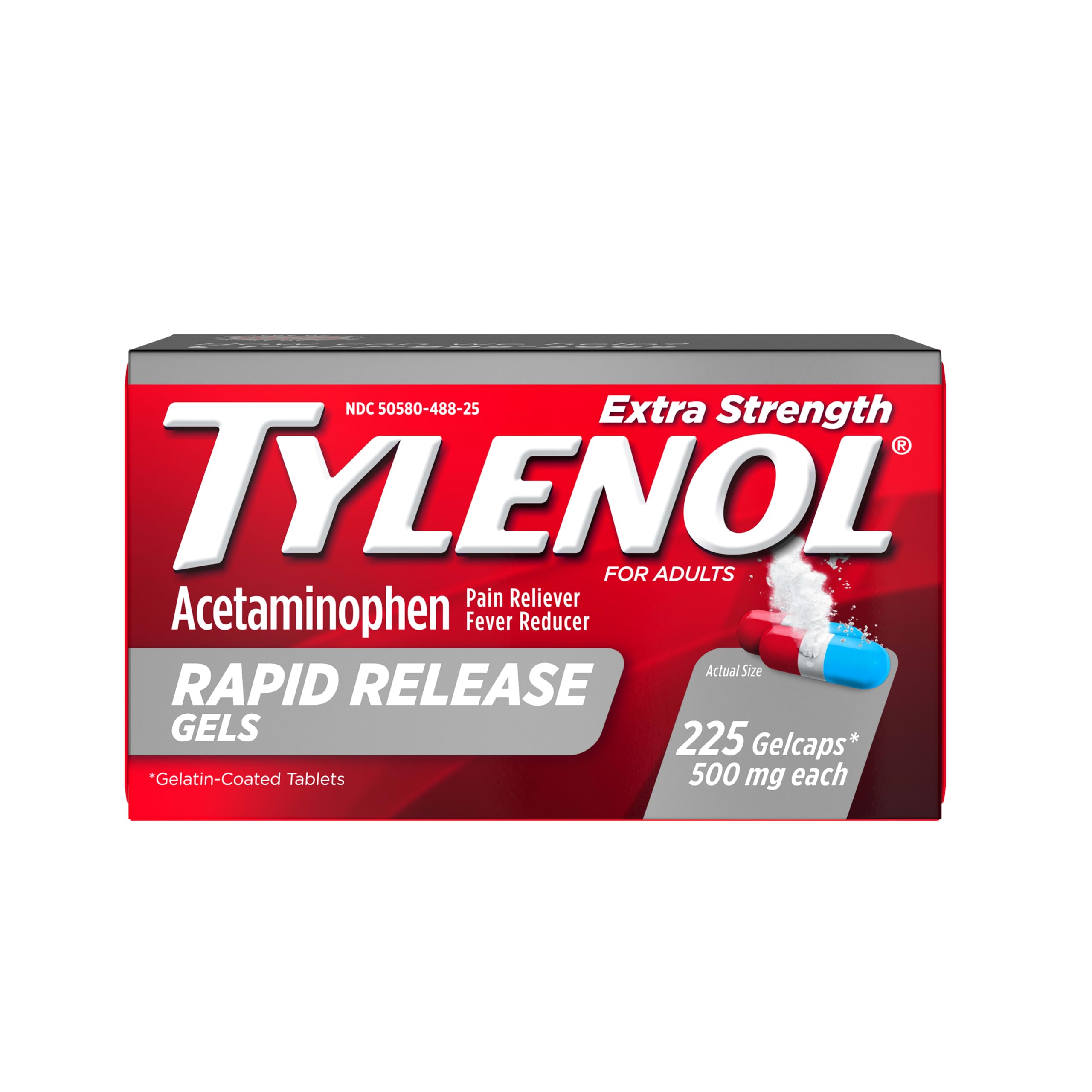 Tylenol Rapid Release Extra Strength Gelcaps, Acetaminophen 500 mg per Gel, Laser Drilled Holes Allow Fast, Strong Pain Relief, Fever Reducer, Gentle on Stomach, 225 Count Value Size