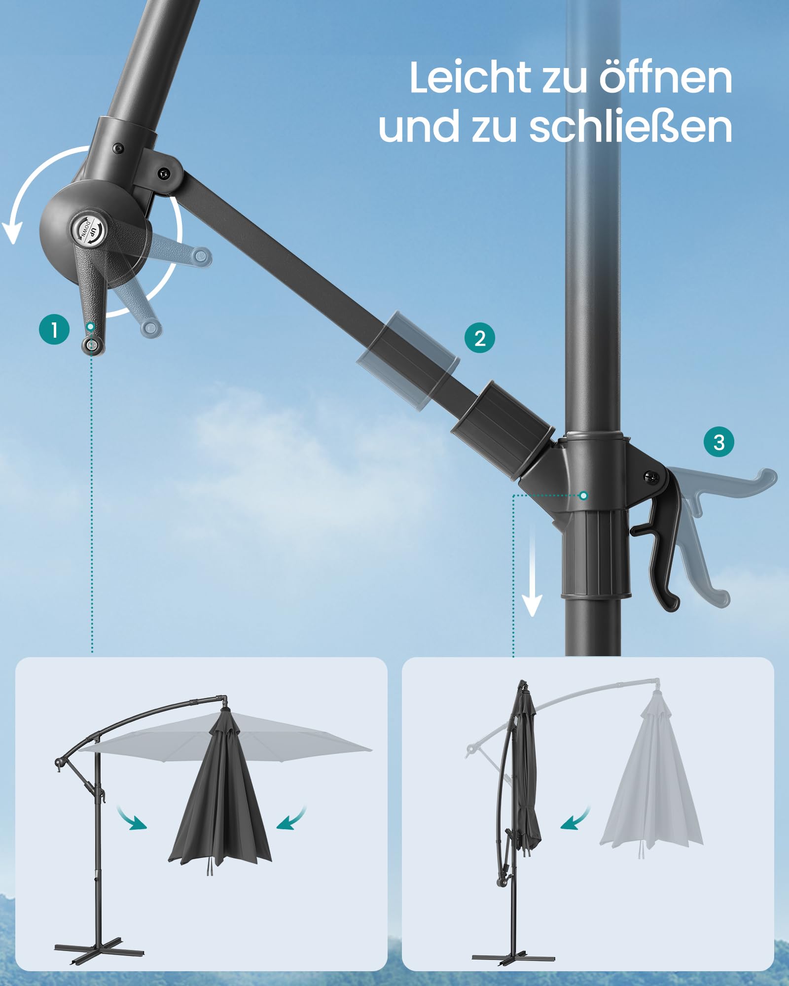 SONGMICS Sonnenschirm, Ampelschirm 300 cm d, mit Ständer, Sonnenschutz Balkon, Balkonschirm, UV-Schutz UPF 50+, mit Kurbel zum Öffnen und Schließen, Terrasse, Garten, grau GPU116G01 6