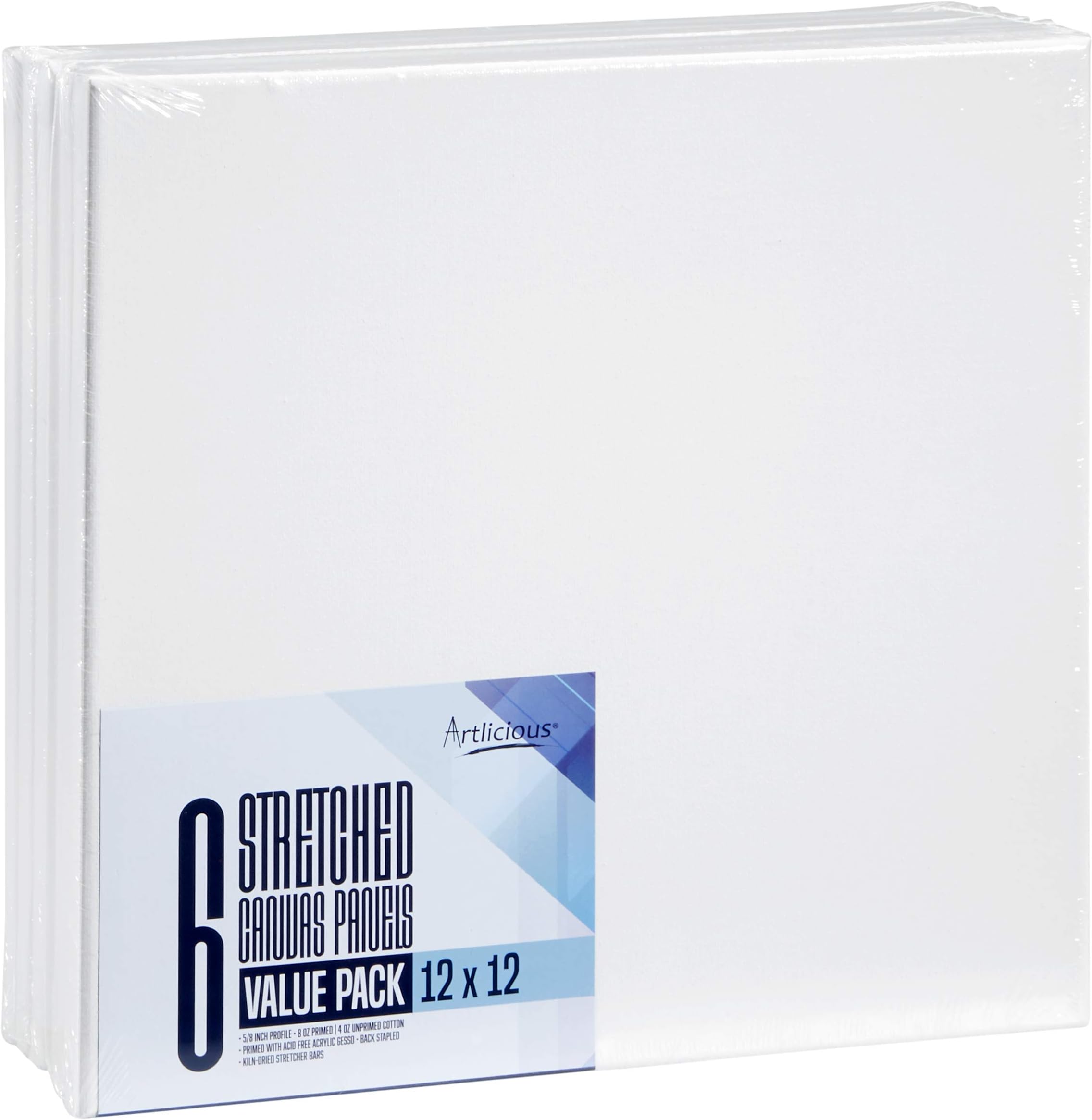 Artlicious Canvases for Painting - 6 Pack White, 12 x 12 Inch Blank Canvas Boards - Stretched Art Panels to Use with Oil and Acrylic Paint - Art Supplies for Adults & Kids