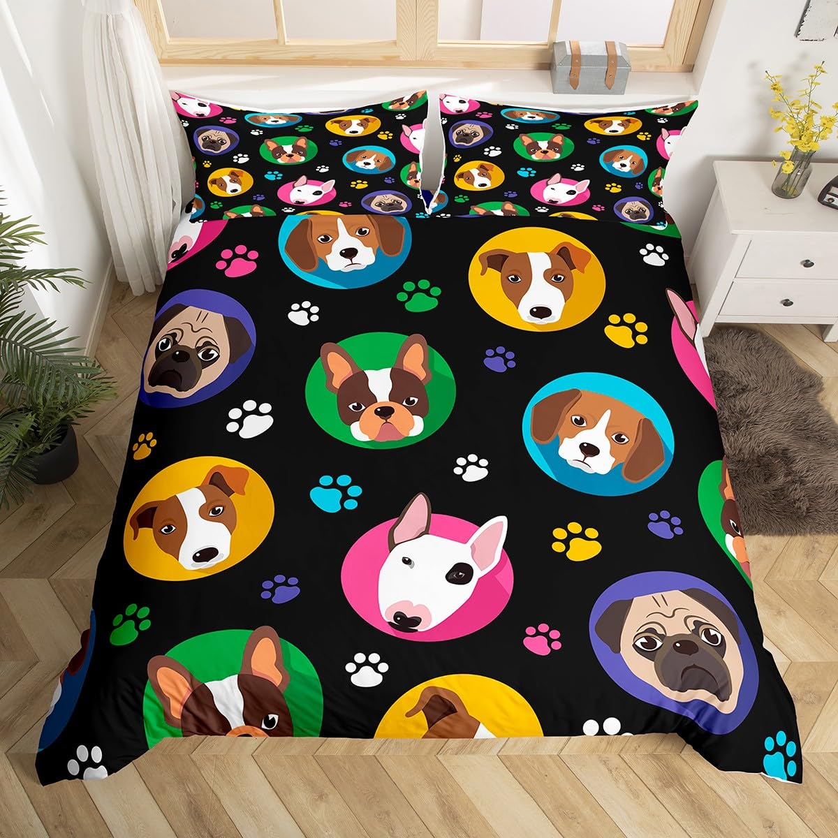 Manfei Cute Dogs Duvet Cover Set Double Size, Colorful Dog Paw Print Bedding Set 3pcs for Kids Boys Girls Bedroom Decor, Cartoon Animals Comforter Cover Soft Polyester Quilt Cover with 2 Pillowcases — image 1
