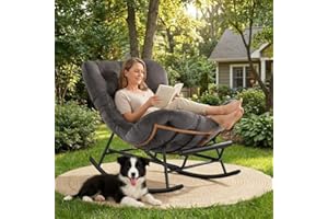 Papasan Rocking Chair, Oversized Lounge Egg Chairs with Thick Removable Cushion, 350 Lbs Comfy Patio Rocker for Balcony, Porc