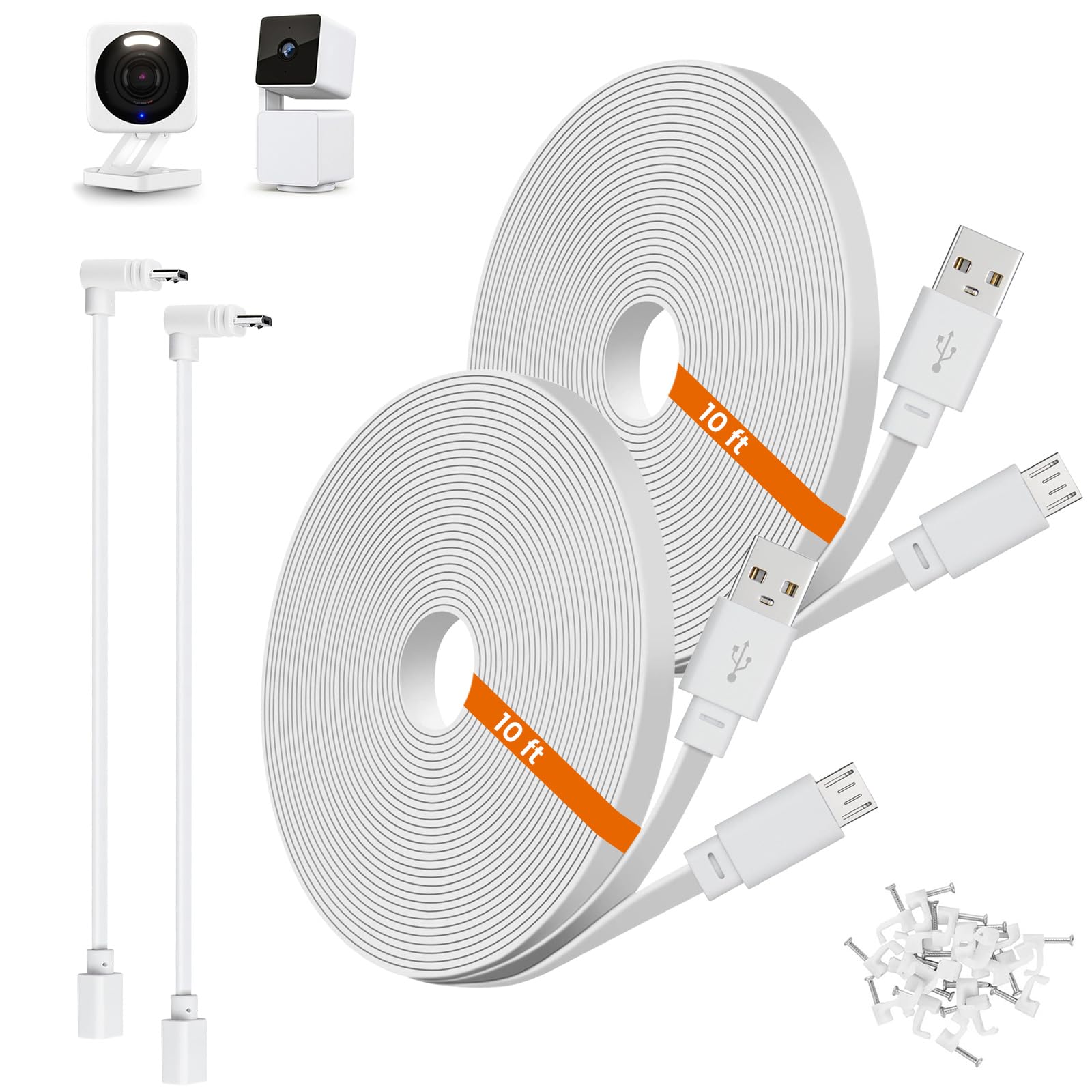 Photo 1 of 2-Pack 10ft Power Extension Cable Compatible with Wyze Cam v4, Wyze Cam Pan v3, Wyze OG, v3 and v3 Pro Security Cameras - 3m Long Flat USB to Micro USB Charging Cord with L-Shaped Adapter, White