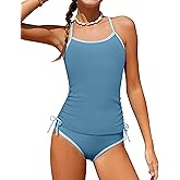 HOTOME Girls Swimsuit Two Piece Cross-Back Straps Girls Tankini Contrast Trim Drawstring Girl Bathing Suit for Teens 9-16Y